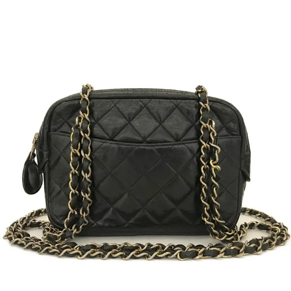 CHANEL Quilted Matelasse Lambskin Chain Shoulder Camera Bag Black leather gold - Picture 1 of 16